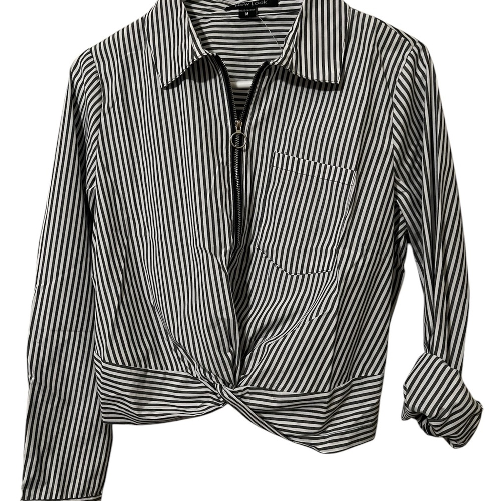 Black and White Striped Zip-Up Shirt